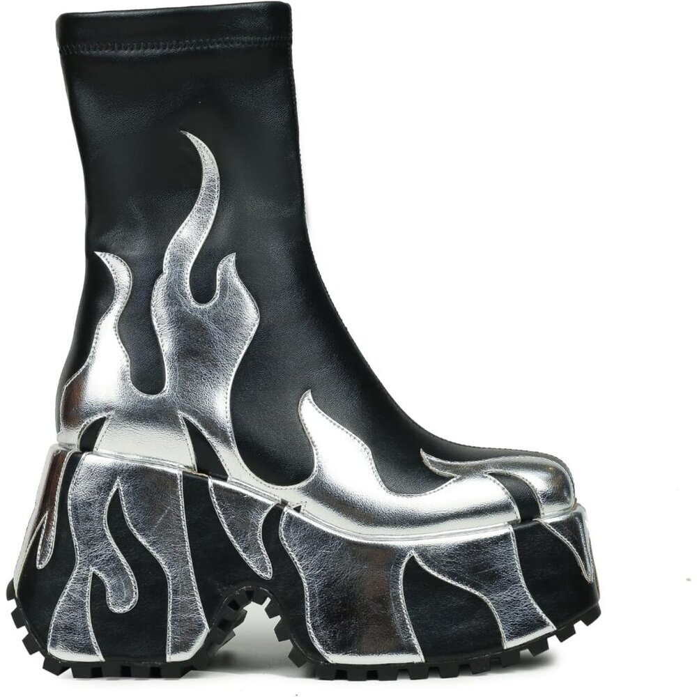 ⚡Women's Silver Synthetic Red Flame Printing Ankle-High Round Toe Heel Boots - Picture 1 of 6